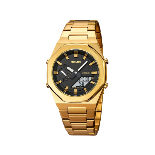 SKMEI 1816 Luxury Quartz Dual Time Stainless Steel Digital LED Watch for Men- Golden