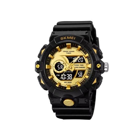 SKMEI 2225 Dual Display LED 50M Waterproof Sports Digital Quartz Watch for Men’s-Black Gold