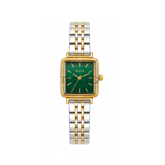 Oliya 880 Ladies Dual Tone Square Dial Watch- Green Dial