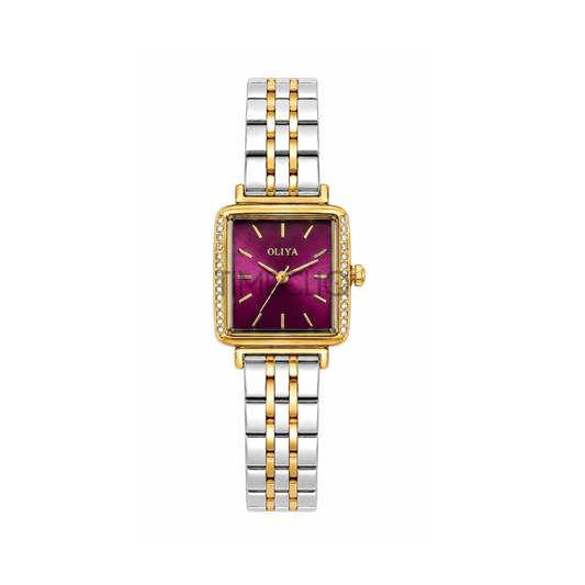 Oliya 880 Ladies Dual Tone Square Dial Watch- Wine Dial
