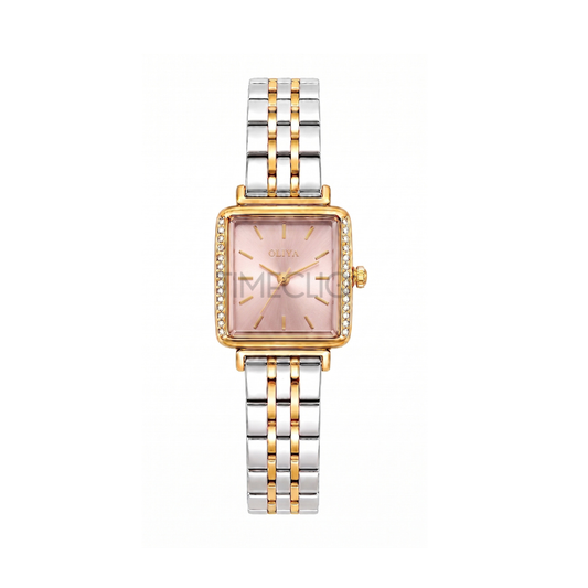 Oliya 880 Ladies Dual Tone Square Dial Watch- Pink Dial