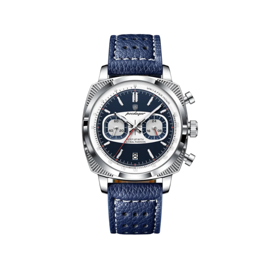 Poedagar 838 Square Chronograph Leather Men's Watch- Blue Dial