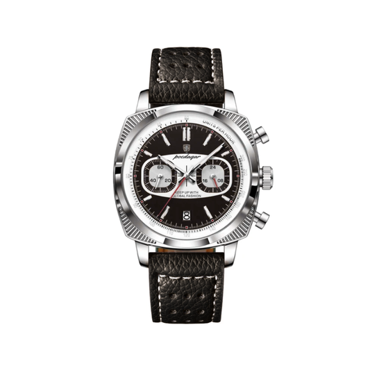 Poedagar 838 Square Chronograph Leather Men's Watch- Black