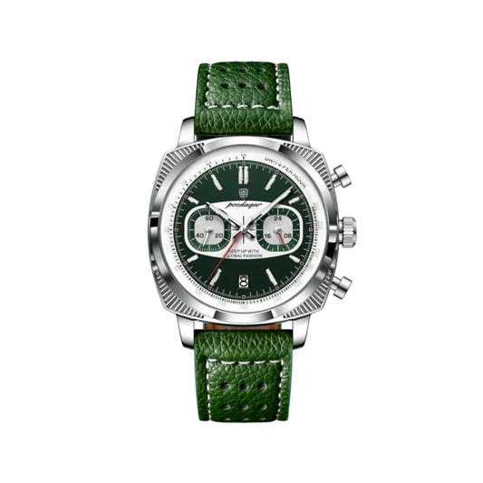 Poedagar 838 Square Chronograph Leather Men's Watch- Green DIal