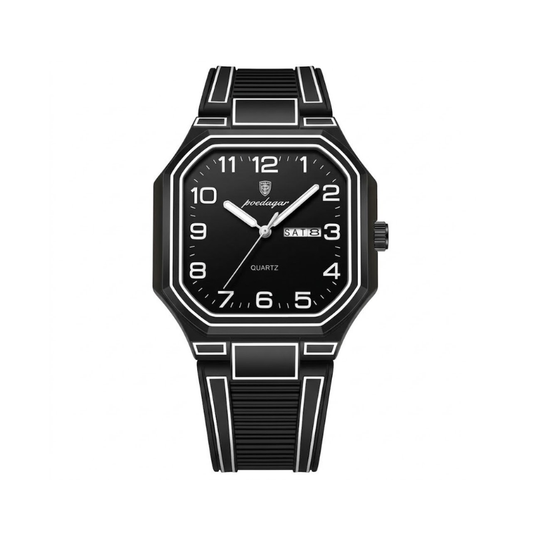 Poedagar 608 Octagonal Silicon Strap Men's Watch- Black