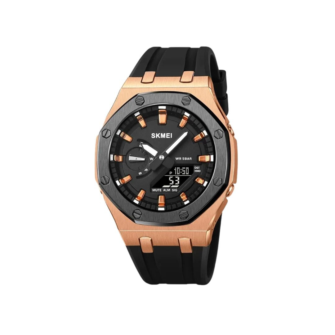 SKMEI 2243 Rugged 5ATM waterproof Military Tactical Men’s wristwatch with LED Backlight & Dual Display-  Black Rose Gold