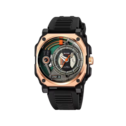 SKMEI 2533 Men's Cyberpunk Watch Octagonal Case Transparent Dial with Exposed Gears - Black Rose Gold