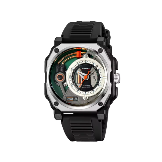 SKMEI 2533 Men's Cyberpunk Watch Octagonal Case Transparent Dial with Exposed Gears - Black Silver