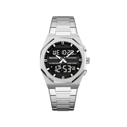 SKMEI 2624 Luxury Dual Display Chronograph Stainless Steel Band Men’s Watch- Silver