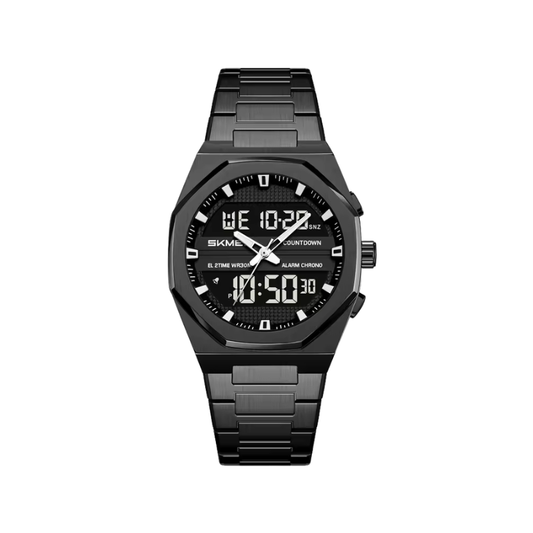 SKMEI 2624 Luxury Dual Display Chronograph Stainless Steel Band Men’s Watch- Black