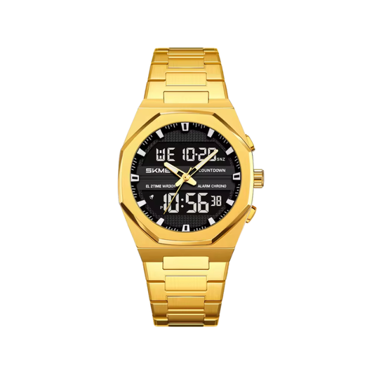 SKMEI 2624 Luxury Dual Display Chronograph Stainless Steel Band Men’s Watch- Gold