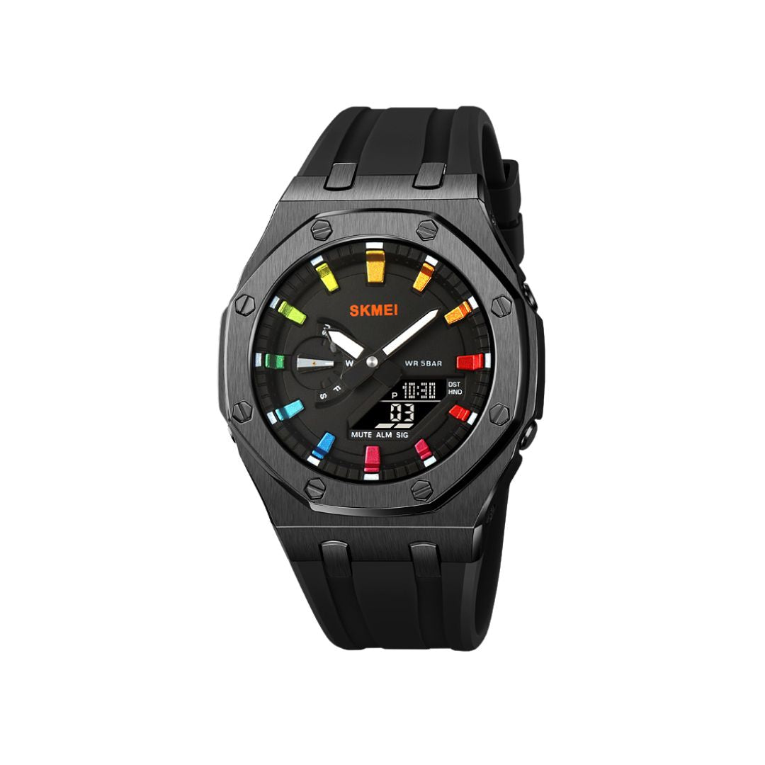 SKMEI 2243 Rugged 5ATM waterproof Military Tactical Men’s wristwatch with LED Backlight & Dual Display- Black Colorful Dial