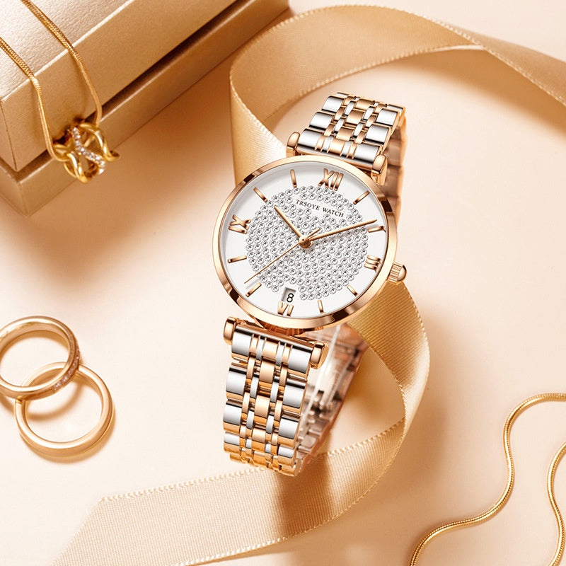Trsoye 8821 luxury quartz women fashion  watch- Silver & Rose Gold