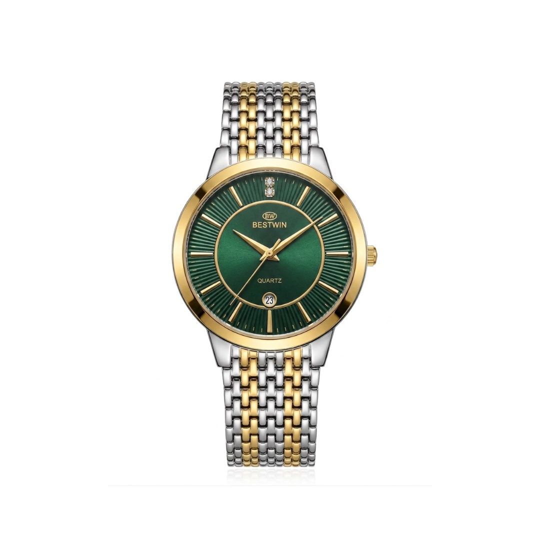 Bestwin 217M Classic Mesh Steel Quartz Men's Dual Tone Watch- Green Dial
