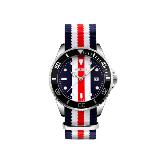 SKMEI 9133 Nylon straps casual quartz movement Men’s watch- Sailor Combo Red Blue White