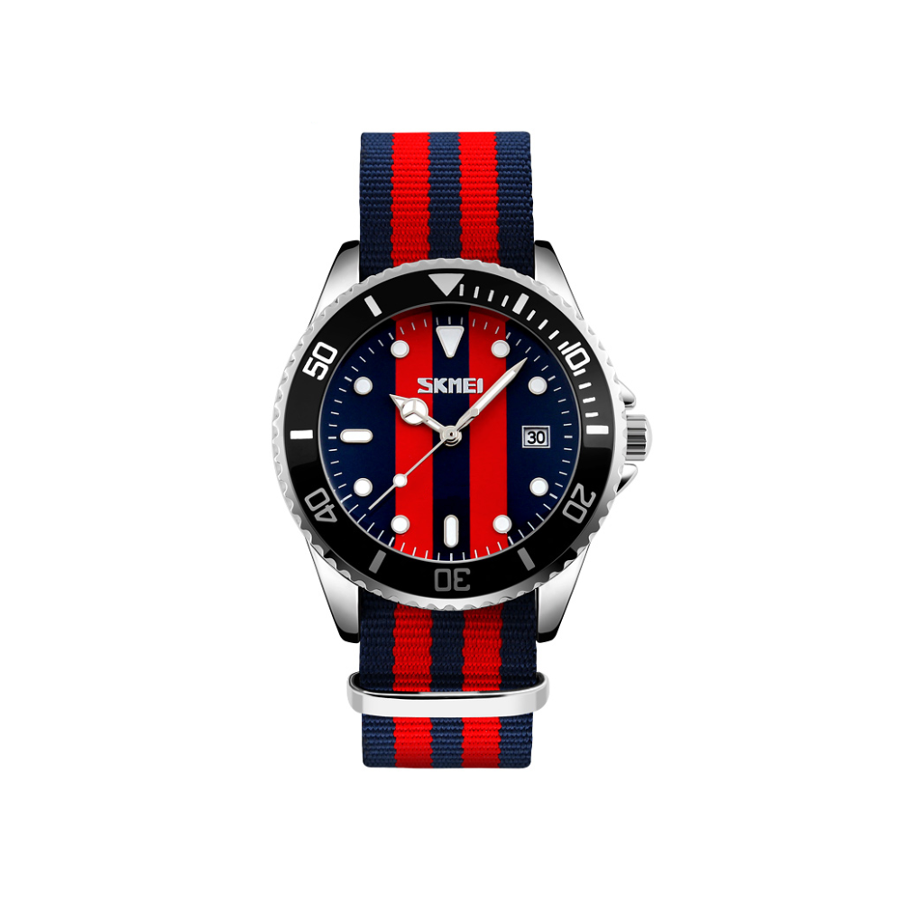 SKMEI 9133 Nylon straps casual quartz movement Men’s watch- Classic Navy & Red