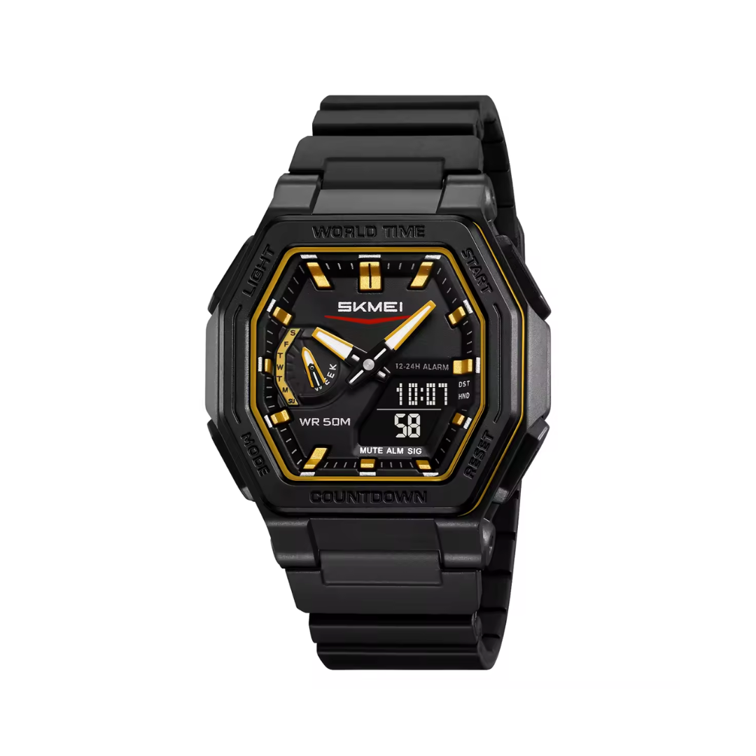 SKMEI 2438 World Time Multi-Functional Sports Men's Watch-Black Gold