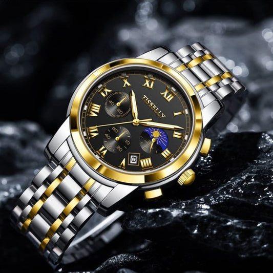 Tisselly 6619 Stainless Steel Strap Chronograph Watch for Men - Silver Gold & Black