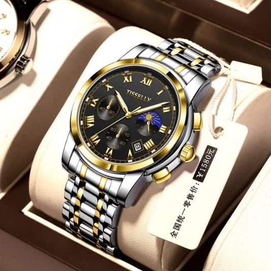 Tisselly 6619 Stainless Steel Strap Chronograph Watch for Men - Silver Gold & Black