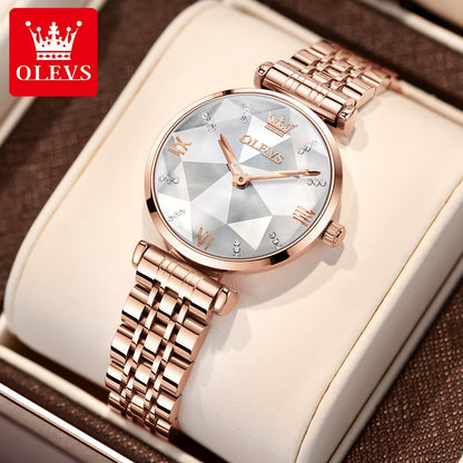 OLEVS 6642 Diamond Cart Stainless Steel Strap Japanese Movement Watch for women- Rose Gold & white