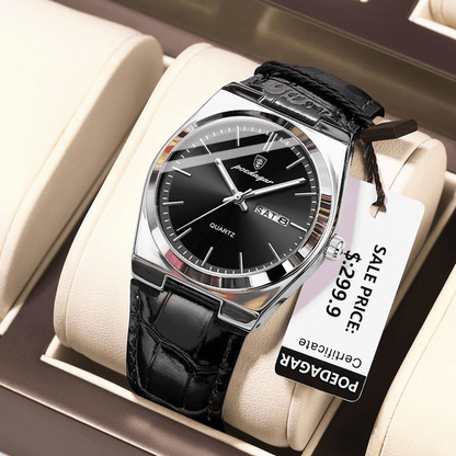 Poedagar 930 Elegant Ultra-Thin Gemstone Leather Luminous Quartz Watch- Black