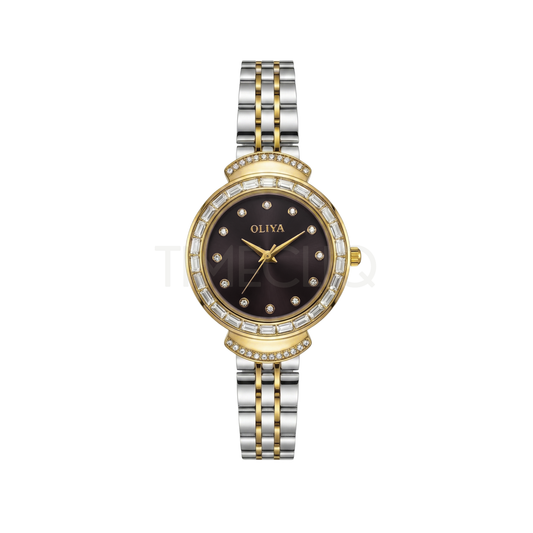 Oliya 6806 Luxury Stone Quartz Two Toned Ladies Watch-Black dial