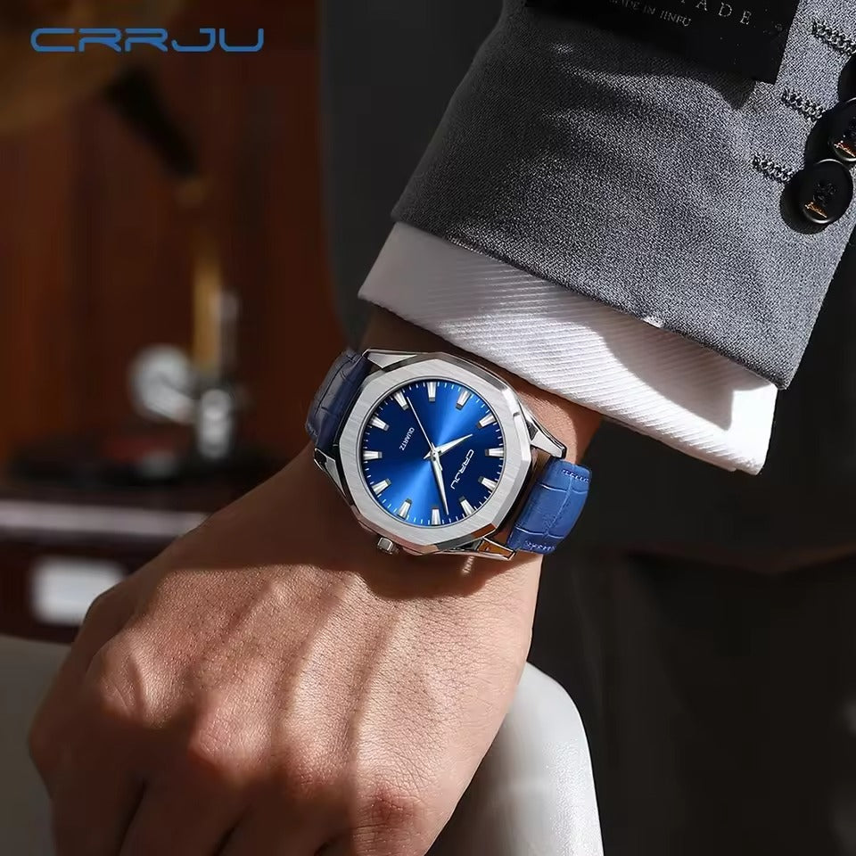 CRRJU 5015 Fashion Men Quartz Watch Leather Chronograph - Blue