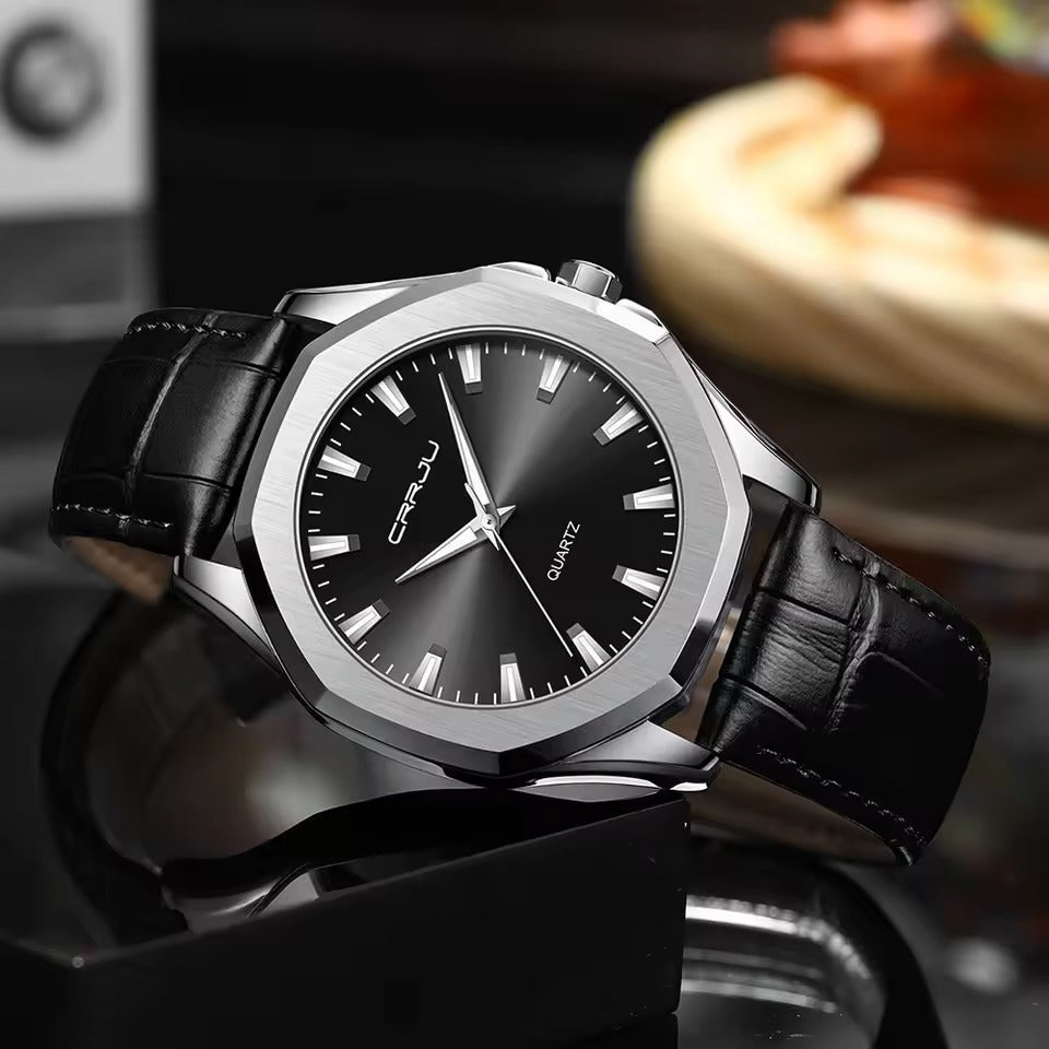 CRRJU 5015 Fashion Men Quartz Watch Leather Chronograph - Black