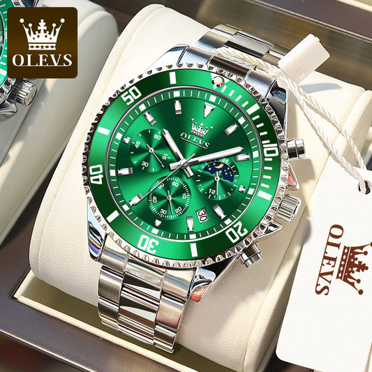 OLEVS 2870 Luxury Chronograph Quartz Men wristwatch- Silver & Green