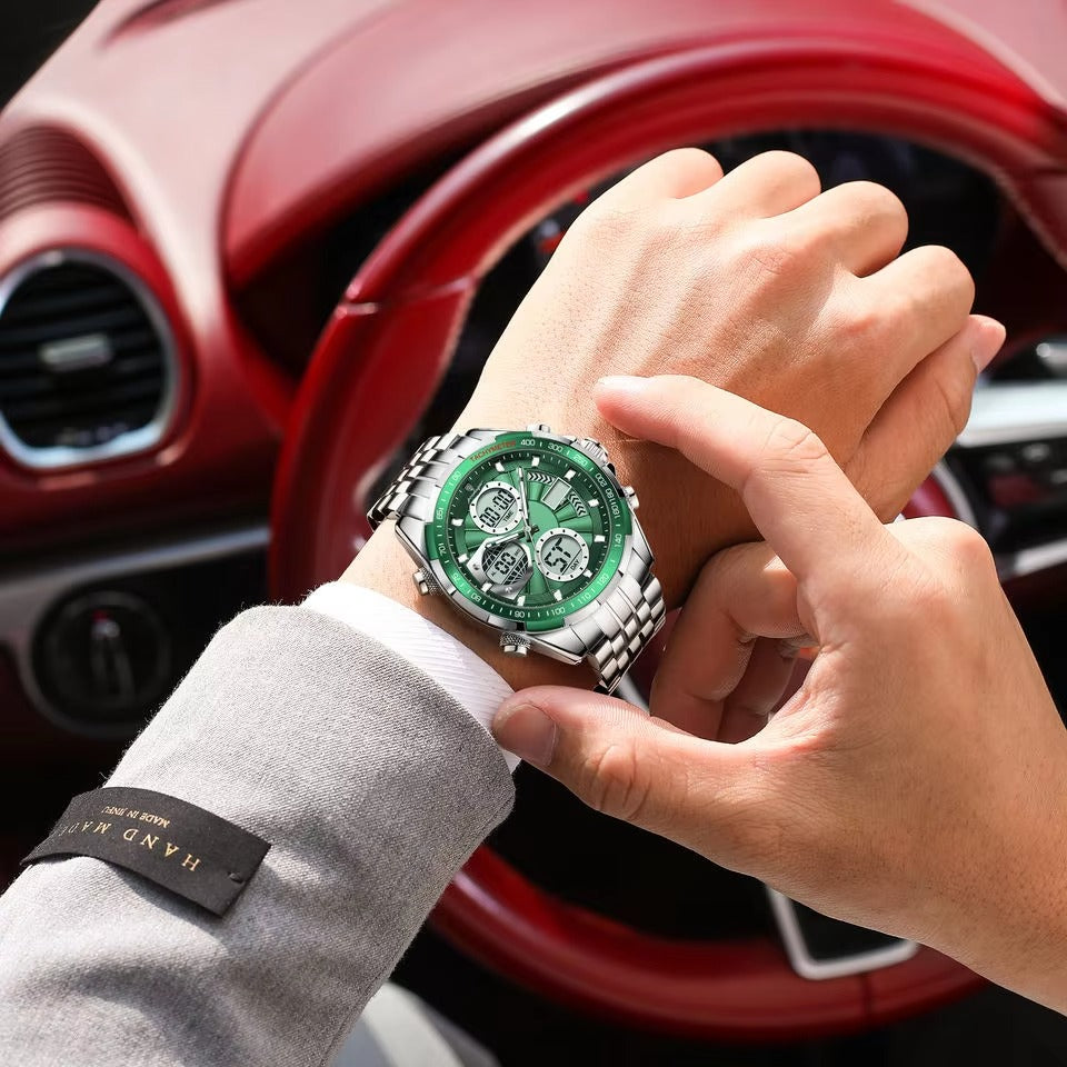 POEDAGAR E108 Dual Display Men’s Watch - Silver Green