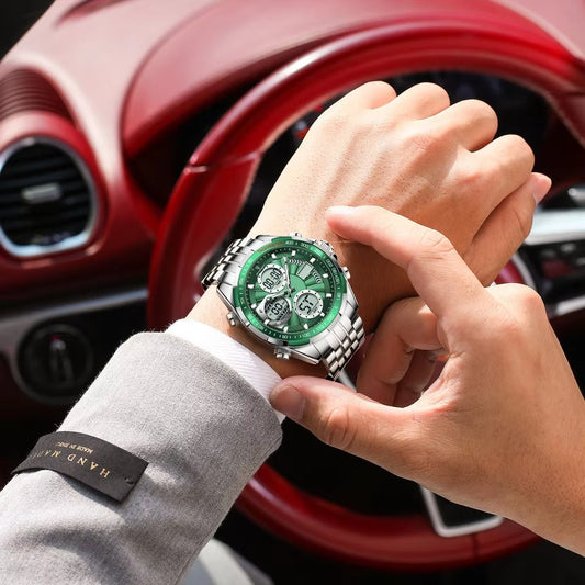 POEDAGAR E108 Dual Display Men’s Watch - Silver Green
