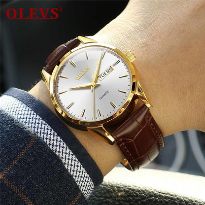 Olevs 6898 minimalist design leather strap watch for Men's- Brown & Silver