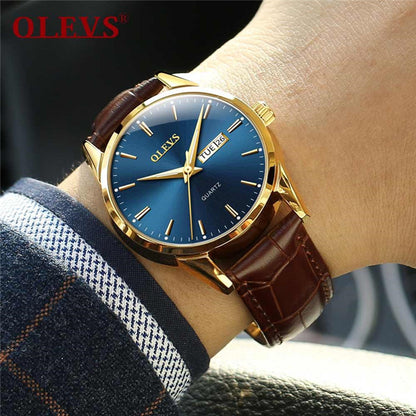 Olevs 6898 minimalist design leather strap watch for Men's- Brown & Blue