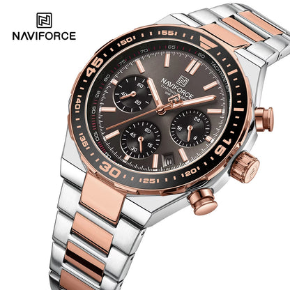 NAVIFORCE 8049 Military Active Chronograph Luxury Stainless Steel Band Quartz Calendar Men's Watches- Silver & Rose Gold