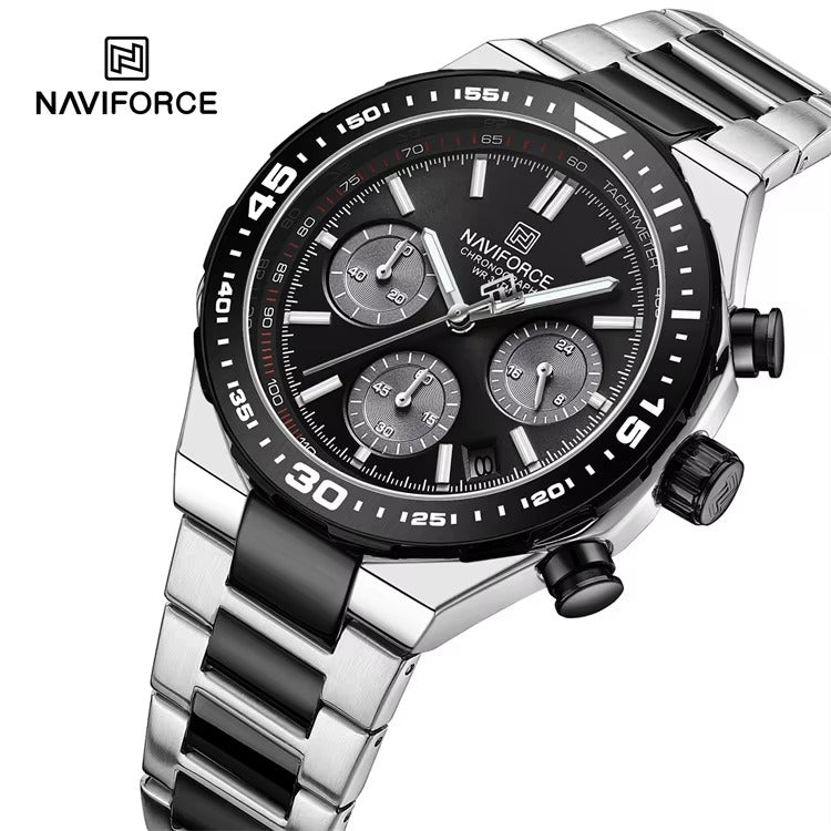 NAVIFORCE 8049 Military Active Chronograph Luxury Stainless Steel Band Quartz Calendar Men's Watches- Silver & Black