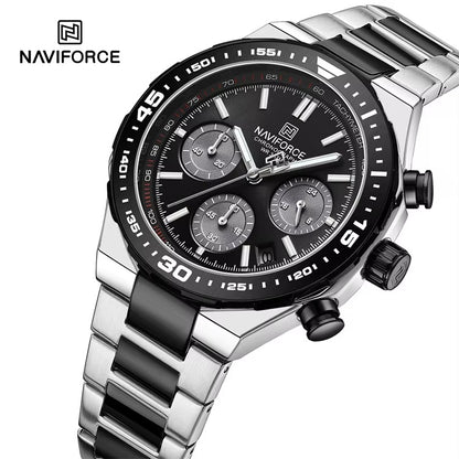 NAVIFORCE 8049 Military Active Chronograph Luxury Stainless Steel Band Quartz Calendar Men's Watches- Silver & Black