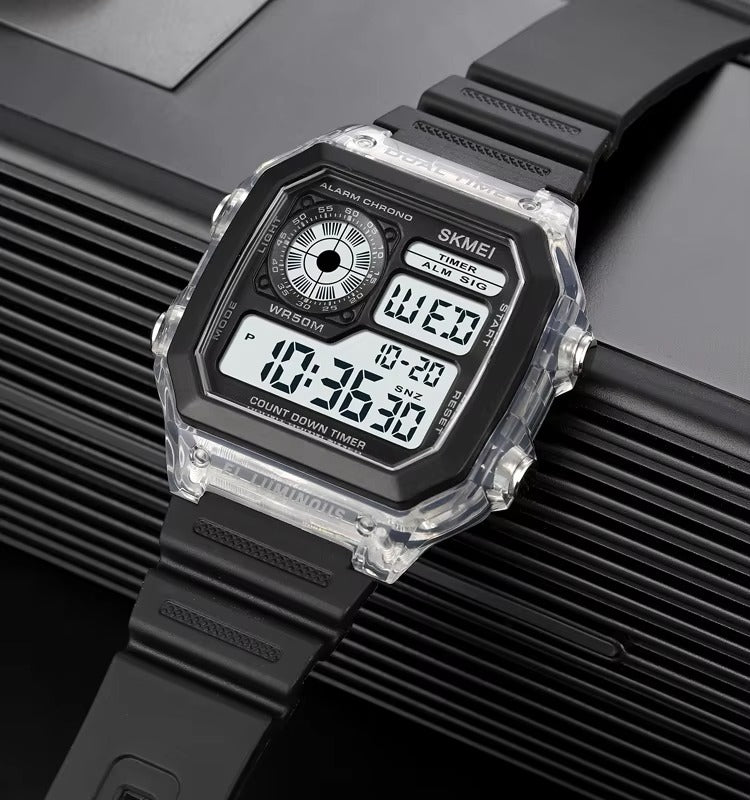 SKMEI 1998 Multifunction Retro Silicon Band Men’s Watch- Black Transparent Dial