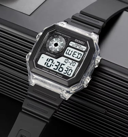 SKMEI 1998 Multifunction Retro Silicon Band Men’s Watch- Black Transparent Dial