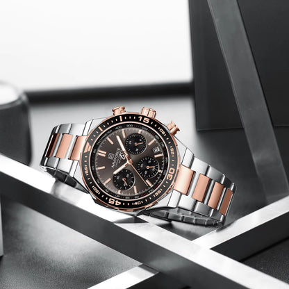 NAVIFORCE 8049 Military Active Chronograph Luxury Stainless Steel Band Quartz Calendar Men's Watches- Silver & Rose Gold