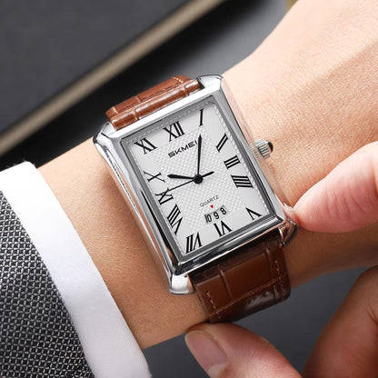 SKMEI 2575 Stainless Steel Luxury Quartz Movement Men’s Business Fashion Roman Numeral Square Case Leather Strap- Brown Silver