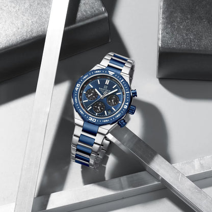 NAVIFORCE 8049 Military Active Chronograph Luxury Stainless Steel Band Quartz Calendar Men's Watches- Silver & Blue