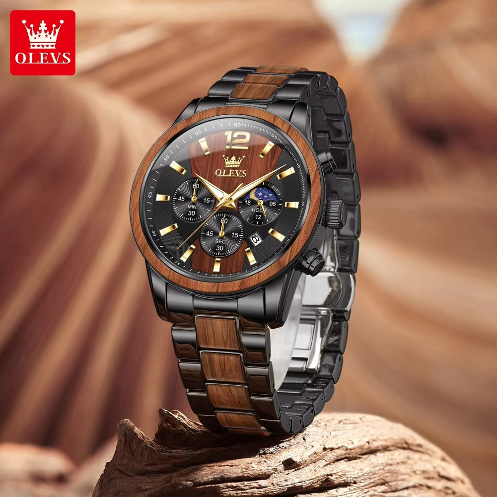 OLEVS 3645 Wooden Chronograph Stainless Steel Men's Watch-Black v2