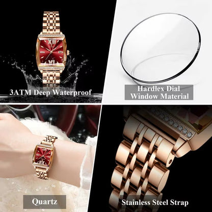 POEDAGAR 795 Luxury Fashion Crystal Stone Ladies Watch-Rose Gold & Red