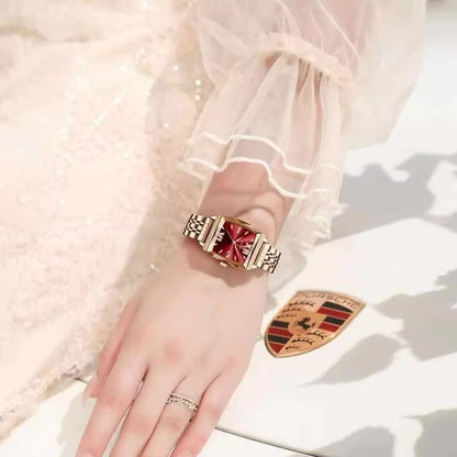 POEDAGAR 795 Luxury Fashion Crystal Stone Ladies Watch-Rose Gold & Red