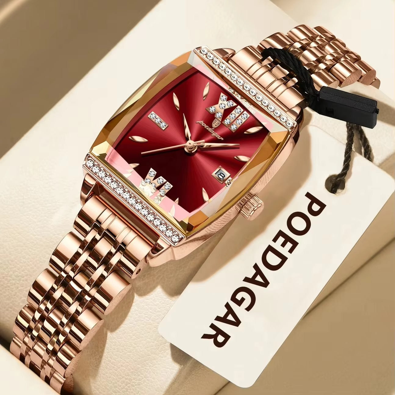 POEDAGAR 795 Luxury Fashion Crystal Stone Ladies Watch-Rose Gold & Red
