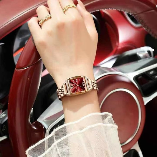 POEDAGAR 795 Luxury Fashion Crystal Stone Ladies Watch-Rose Gold & Red