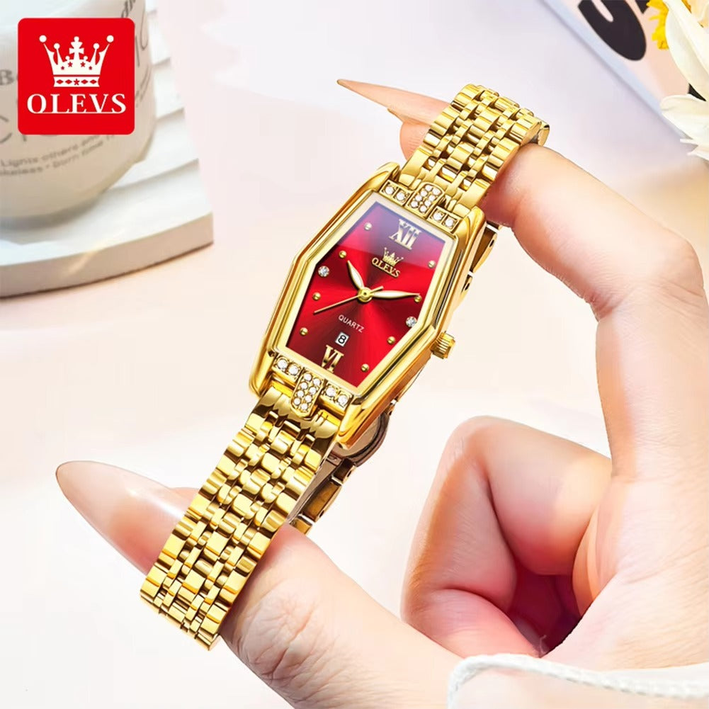 OLEVS 3699 Luxury Fashion Luminous Ladies Watch- Gold Red