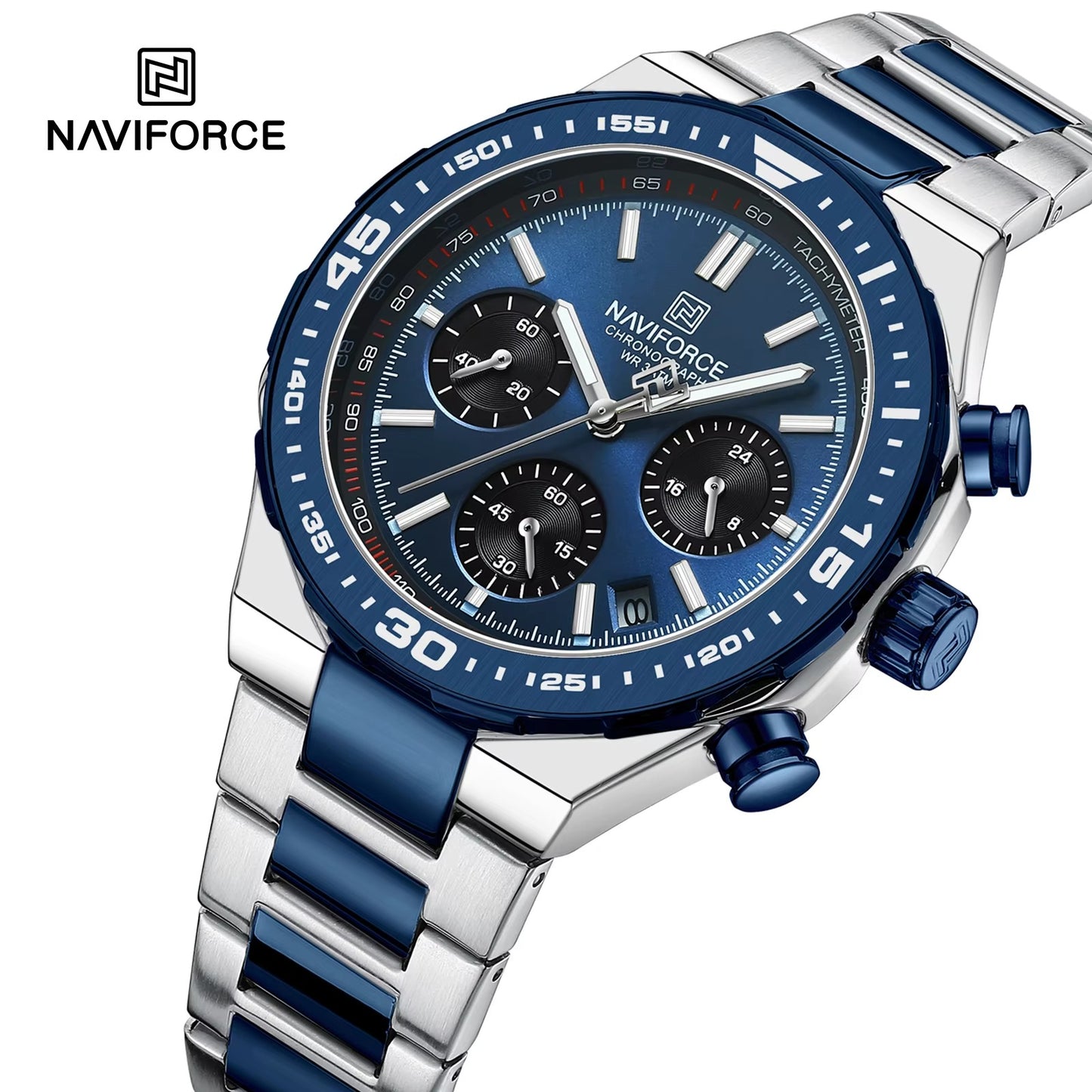 NAVIFORCE 8049 Military Active Chronograph Luxury Stainless Steel Band Quartz Calendar Men's Watches- Silver & Blue