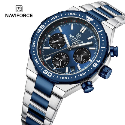 NAVIFORCE 8049 Military Active Chronograph Luxury Stainless Steel Band Quartz Calendar Men's Watches- Silver & Blue