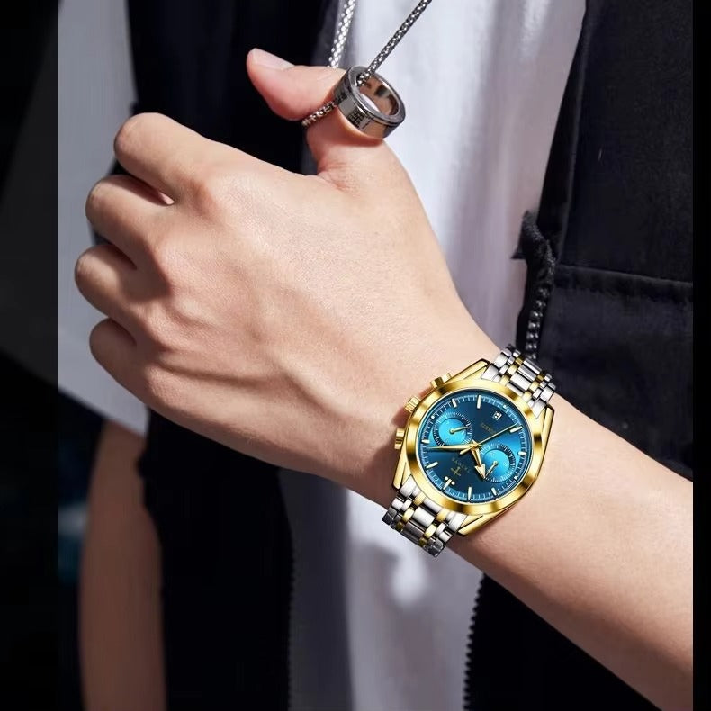 TRSOYE 6609 Stainless steel Active Chronograph Premium Men's watch- Silver Gold & Blue